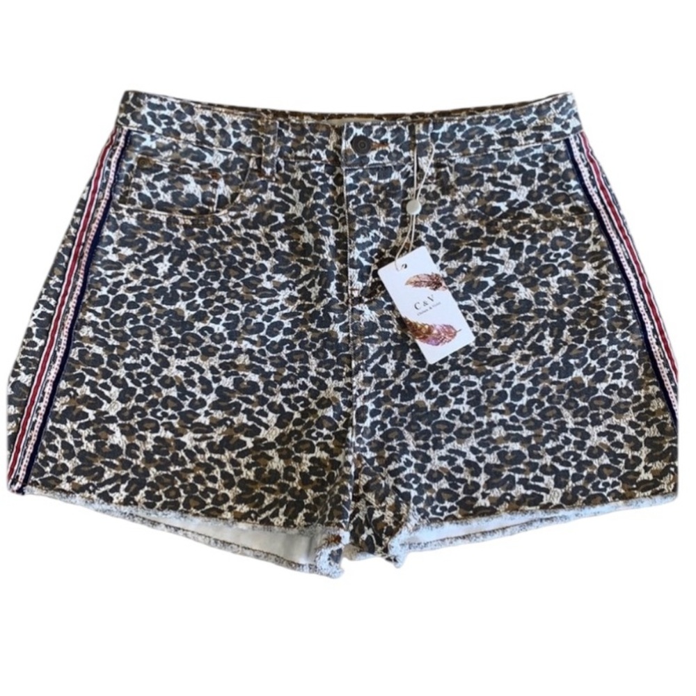 CHELSEA & VIOLET Leopard jean shorts frayed hem ribbon trim pockets 29 NWY